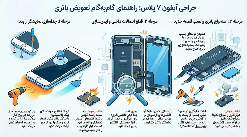 آموزش تصویری تعویض باتری آیفون 7 پلاس